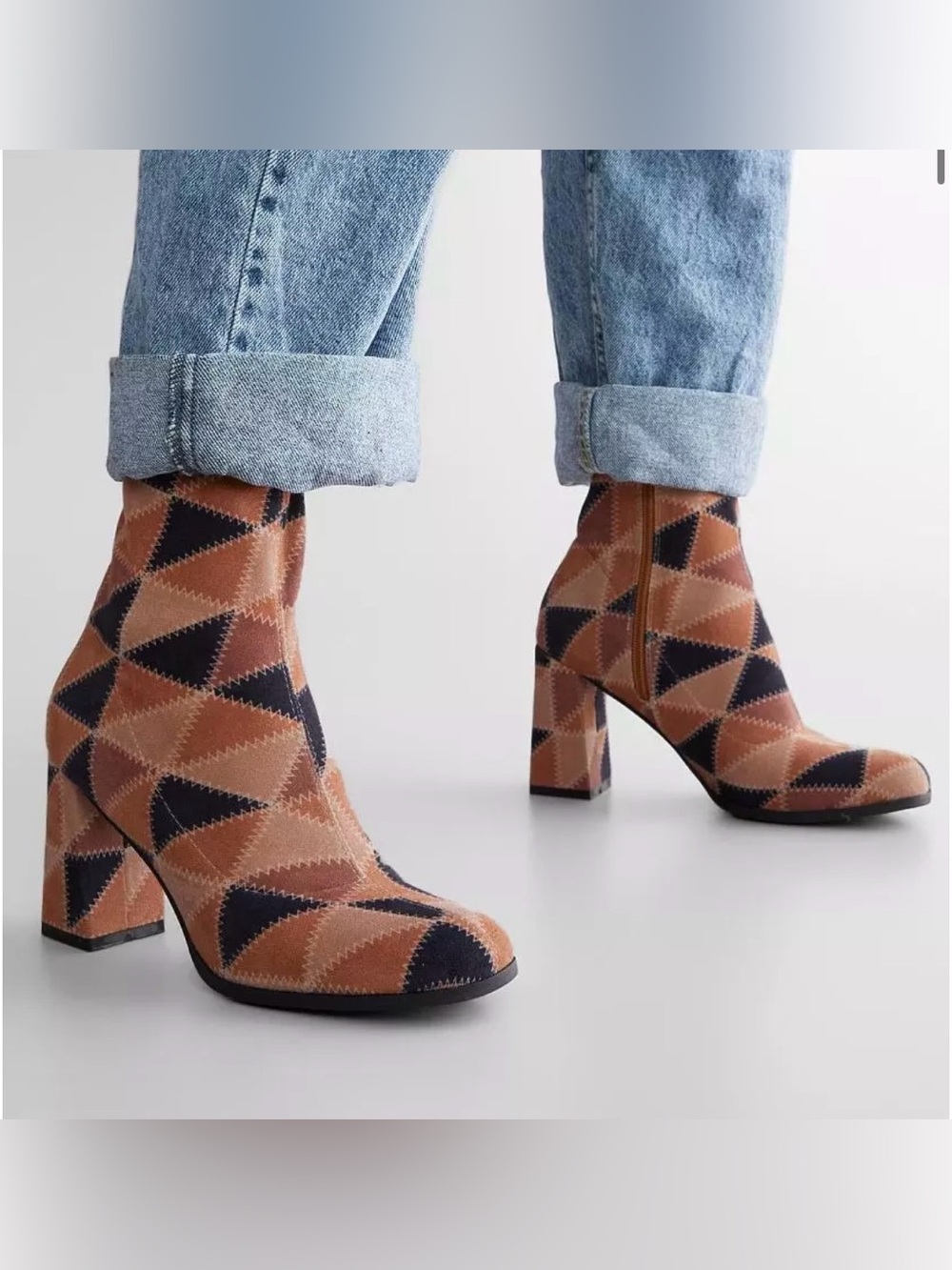Buckle-Julianna Color Block Patchwork Ankle Boots-Size 7.5-Boho-Retro
